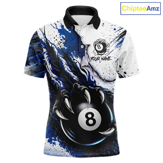 White And Blue Claws 8 Ball Billiard Pool Shirt For Men Custom Billiard Attire Team Jersey NYN3064