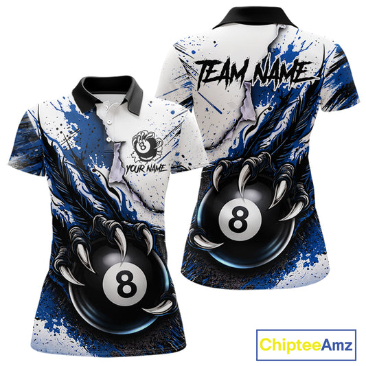 White And Blue Claws 8 Ball Billiard Pool Shirt For Women Custom Billiard Attire Team Jersey NYN3064