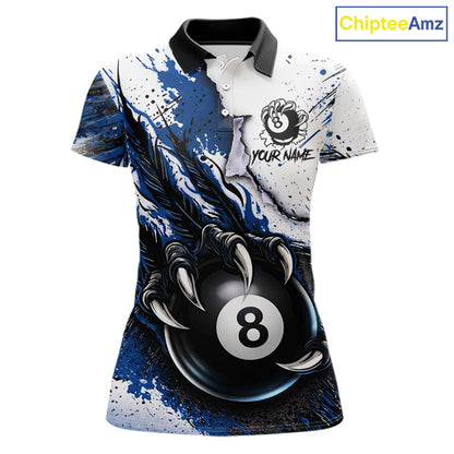 White And Blue Claws 8 Ball Billiard Pool Shirt For Women Custom Billiard Attire Team Jersey NYN3064