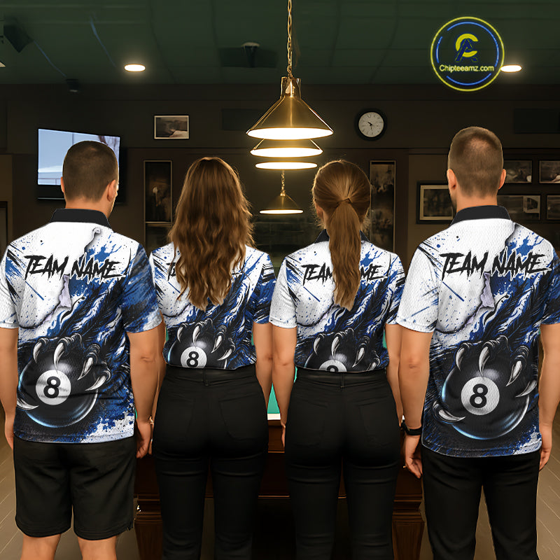 White And Blue Claws 8 Ball Billiard Pool Shirt For Men Custom Billiard Attire Team Jersey NYN3064