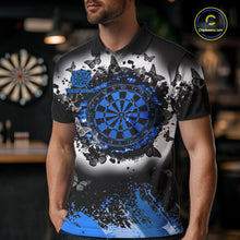 Load image into Gallery viewer, Man wearing white blue black butterfly dart shirt custom dart uniform mockup