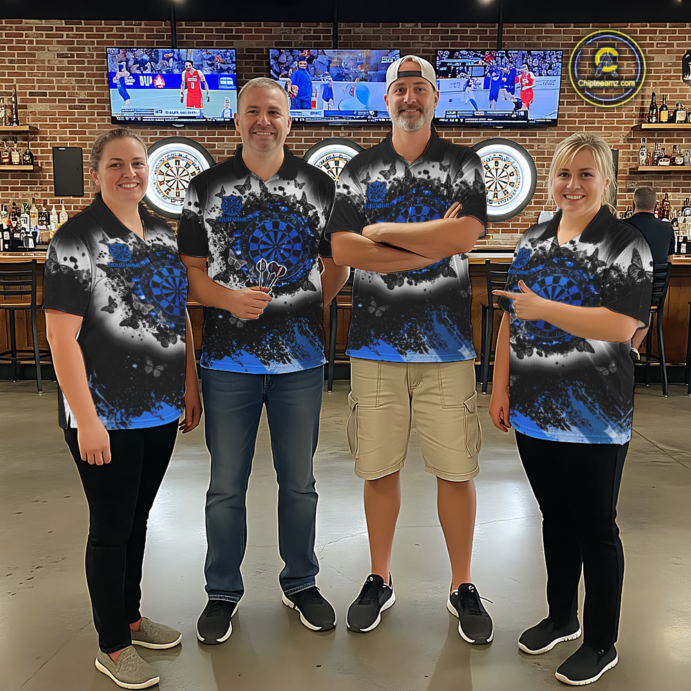 Mens dart team wearing white blue black grunge butterfly dart jerseys tournament apparel