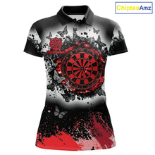 Load image into Gallery viewer, Women's white red black grunge butterfly dart polo shirt mockup custom dart team jersey