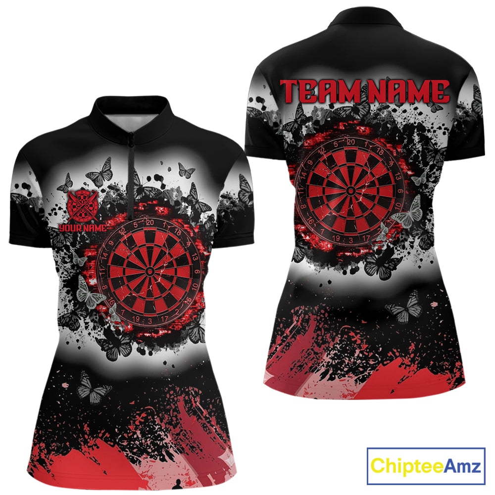 Women's white red black grunge butterfly dart quarter zip shirt mockup custom dart team apparel