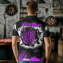 Load image into Gallery viewer, Man wearing white purple black butterfly dart shirt custom dart uniform mockup