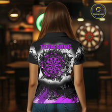 Load image into Gallery viewer, Woman wearing white purple black butterfly dart shirt custom dart uniform mockup