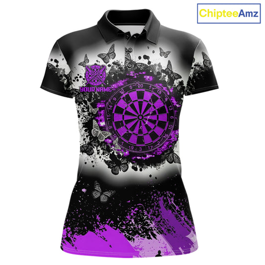 Women's white purple black grunge butterfly dart polo shirt mockup custom dart team jersey