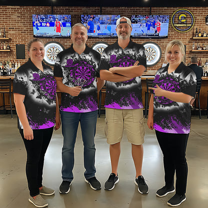 Men's dart team wearing white purple black grunge butterfly dart jerseys tournament apparel
