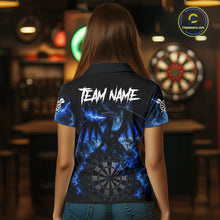 Load image into Gallery viewer, Woman wearing thunder dragon blue dart shirt custom dart apparel