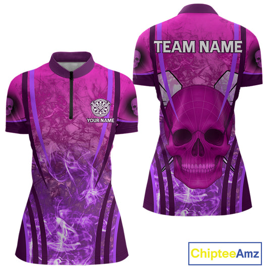 Purple Skull & Flame Darts Women's Darts Quarter-Zip Shirt Custom Name For Players NYN0750