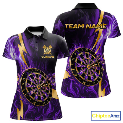 Purple Flame And Gold Dartboard Darts Polo Quarter-Zip Shirts For Women Custom Darts Team Jersey NYN4081