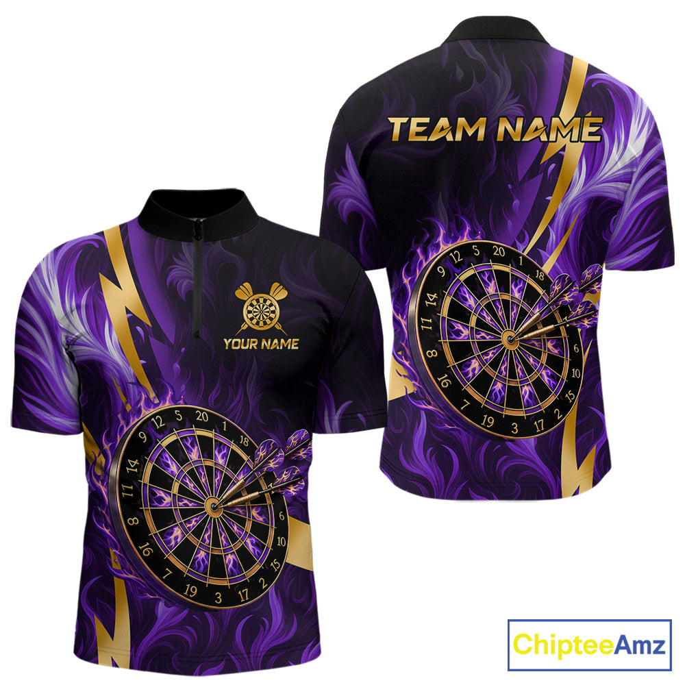 Purple Flame And Gold Dartboard Darts Polo Quarter-Zip Shirts For Men Custom Darts Team Jersey NYN4081