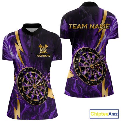 Purple Flame And Gold Dartboard Darts Polo Quarter-Zip Shirts For Women Custom Darts Team Jersey NYN4081