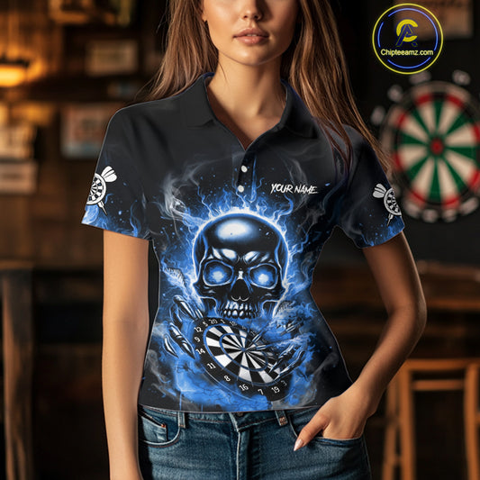 Custom Fire Flame Dartboard Lightning Blue Skull Dart Women Polo Jerseys Dart Team Shirt NYN1674