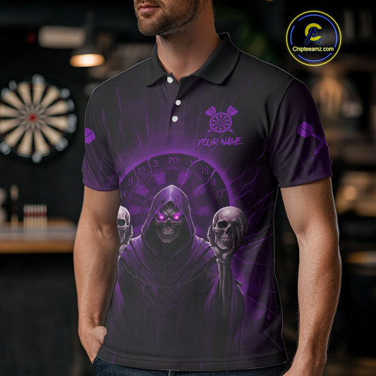 Custom Purple Grim Reaper Grey Skull Dartboard Men Darts Polo Shirt Grunge Dart Jerseys NYN1936