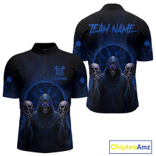 Load image into Gallery viewer, Custom Blue Grim Reaper Grey Skull Dartboard Men Darts Quarter-Zip Shirt Grunge Dart Jerseys NYN1937