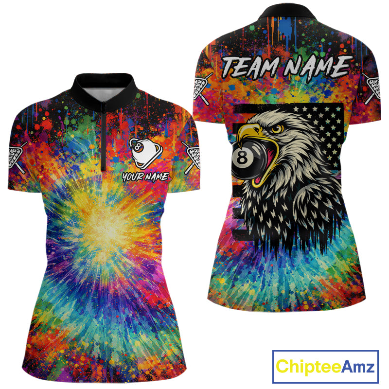 Colorful Tie-Dye Funny Eagle 8 Ball Women Billiards Shirt Personalized Pool Balls Billiard Attire NYN2689