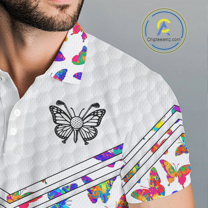 Butterfly Mens White Pattern Golf Polo Shirt Custom Name Floral Colorful Watercolor Golf Shirts NYN2846