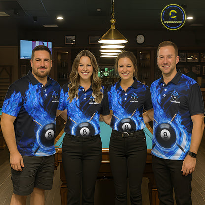 Personalized Blue 8 Ball Fire Flame Billiard Polo & 1/4-Zip For Men 8 Ball Pool Team Jersey NYN2847