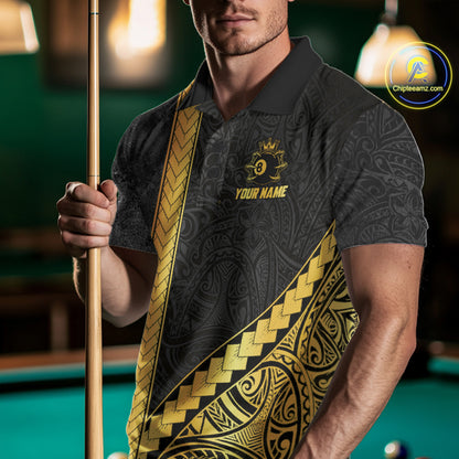 Polynesian Tribal Gold Crown 8 Ball Billiard Pool Shirt For Men Custom Outfits Billiard Team Attire NYN3218