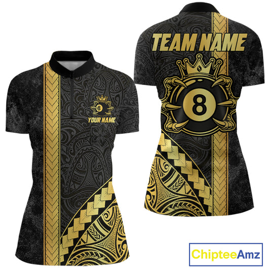 Polynesian Tribal Gold Crown 8 Ball Billiard Pool Shirt For Women Custom Outfits Billiard Team Attire NYN3218