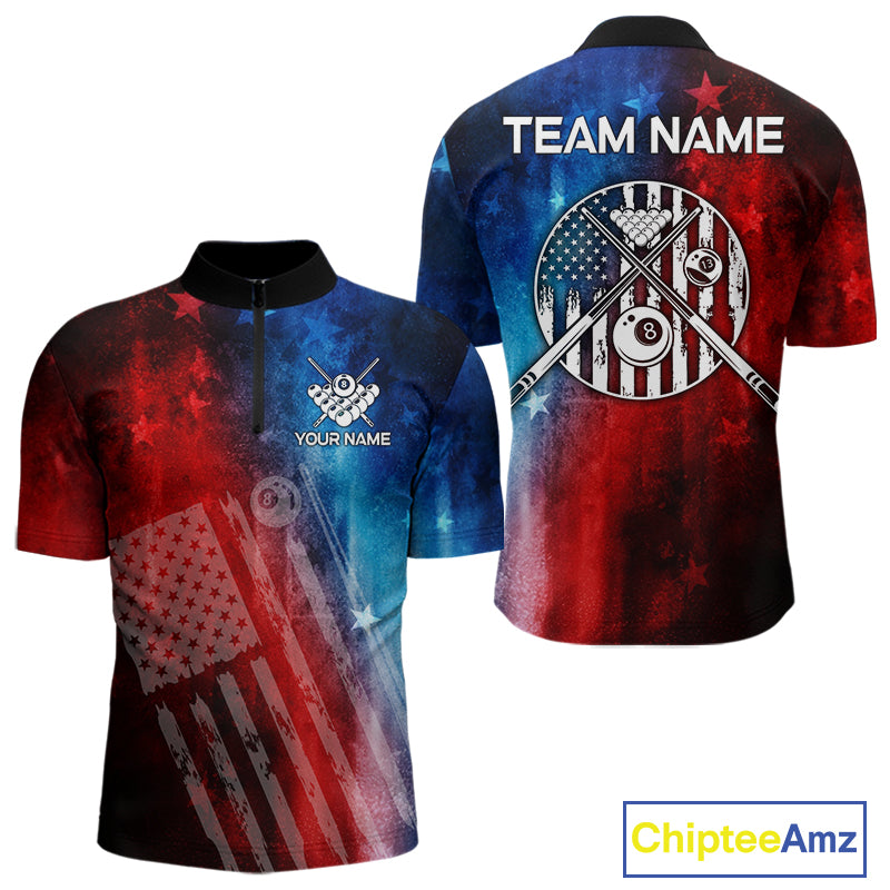 Red - Blue Grunge American Flag Billiard Pool Shirt For Men Personalized Patriot Billiard Team Attire NYN3219