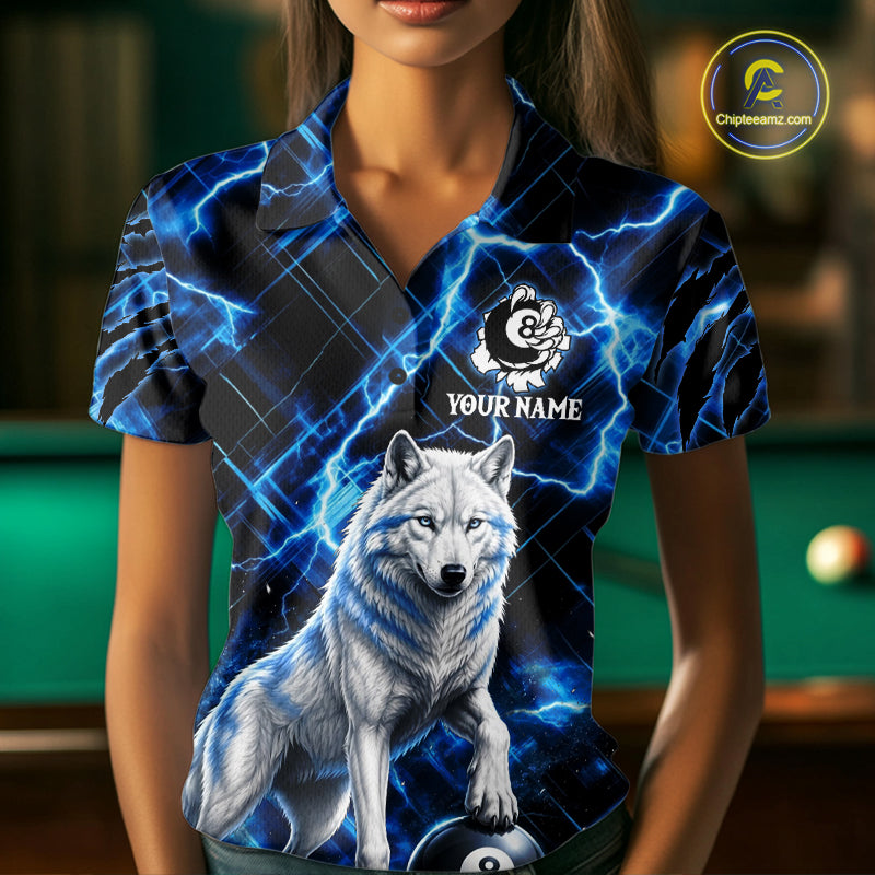 Custom Funny Wolf 8 Ball Billiard Shirt For Women Thunder Lightning Billiard Pool Team Jersey | Blue NYN3222