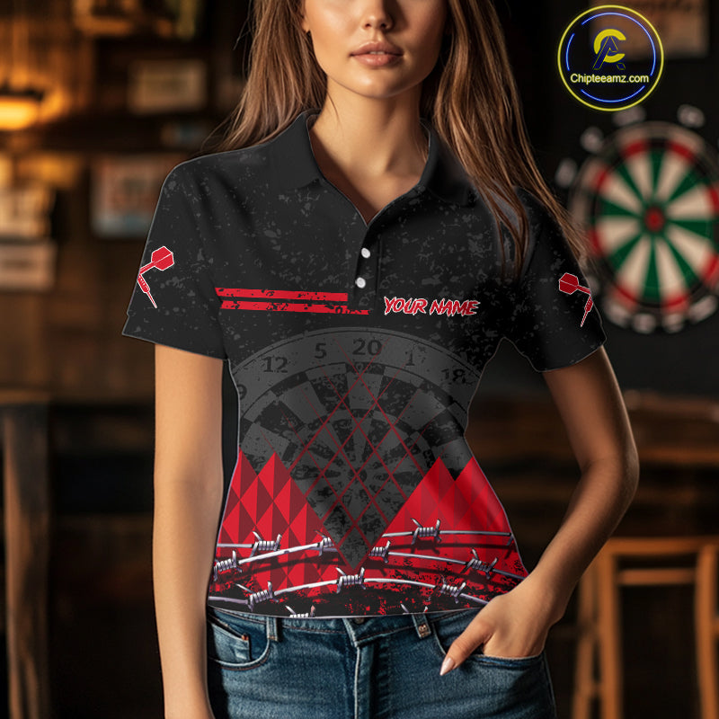 Barbed Wire & Grunge Dartboard Red Darts Shirt  For Women - Custom Name For Players NYN0548