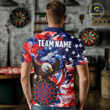 Load image into Gallery viewer, Male dart player wearing Smoke American Flag custom dart shirt, professional dart league apparel and tournament jersey