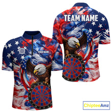Load image into Gallery viewer, Smoke American Flag men's quarter zip dart shirt custom patriotic dart jersey, professional dart team uniform, league dart apparel