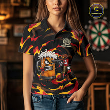 Load image into Gallery viewer, Female dart player wearing Angry Beer Cowboy custom dart shirt, competitive dart apparel