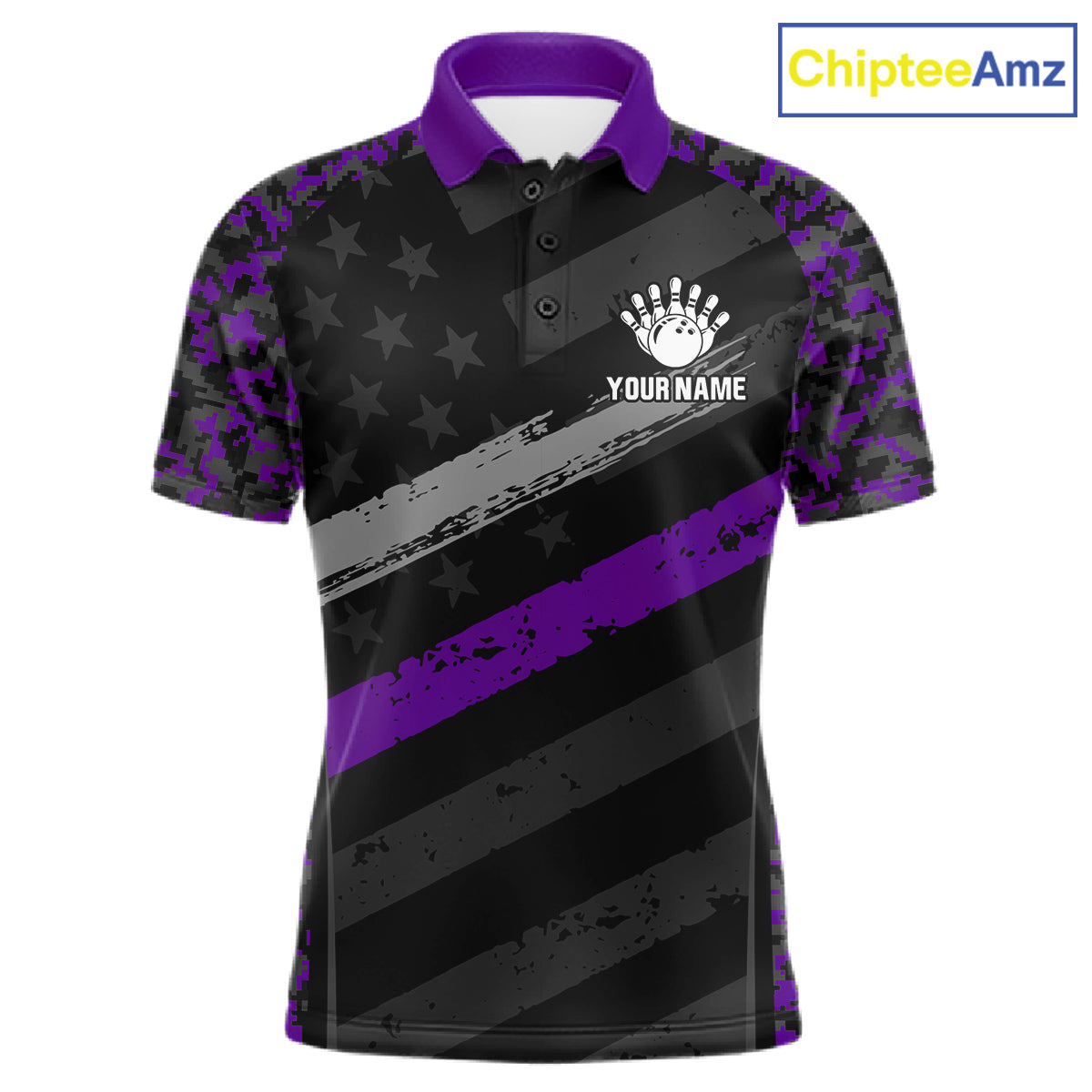 Black And Purple Digital Camo Bowling Shirt For Men Custom USA Flag Patriot Bowling Team Shirt NYN4094