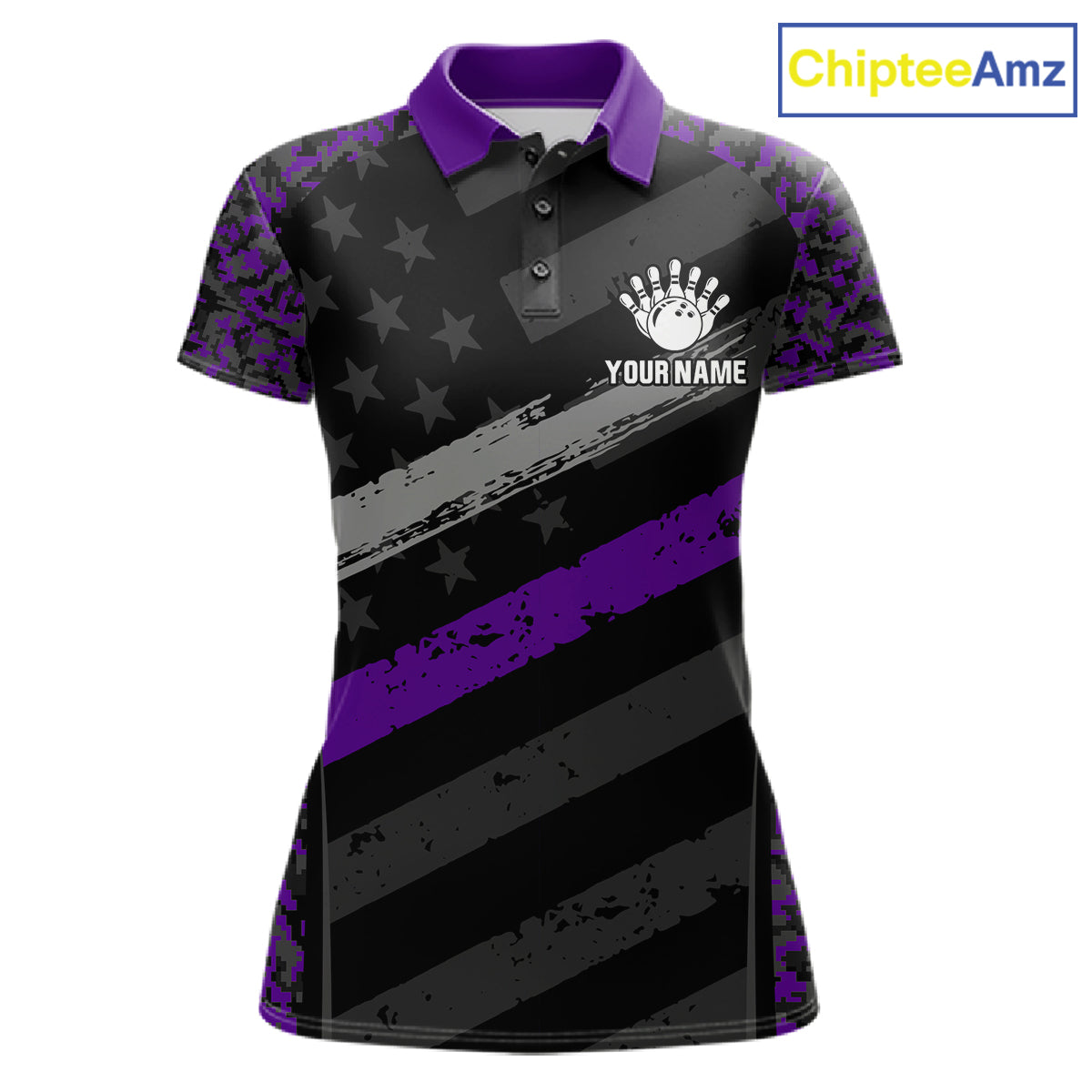 Black And Purple Digital Camo Bowling Shirt Women Men Custom USA Flag Patriot Bowling Team Shirt NYN4094