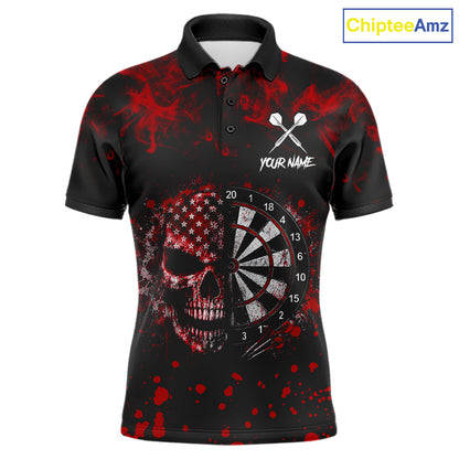 Red Splatter Skull Darts Polo Quarter Zip Shirt For Men Custom Smoke Skull Dart Team Dart Jersey NYN4098