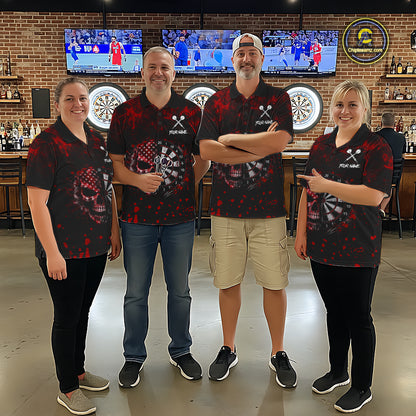 Red Splatter Skull Darts Polo Quarter Zip Shirt For Men Custom Smoke Skull Dart Team Dart Jersey NYN4098