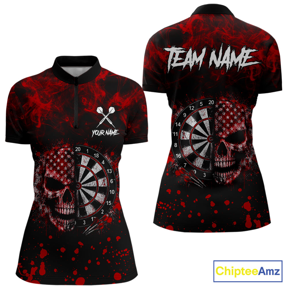 Red Splatter Skull Darts Polo Quarter Zip Shirt For Women Custom Smoke Skull Dart Team Dart Jersey NYN4098