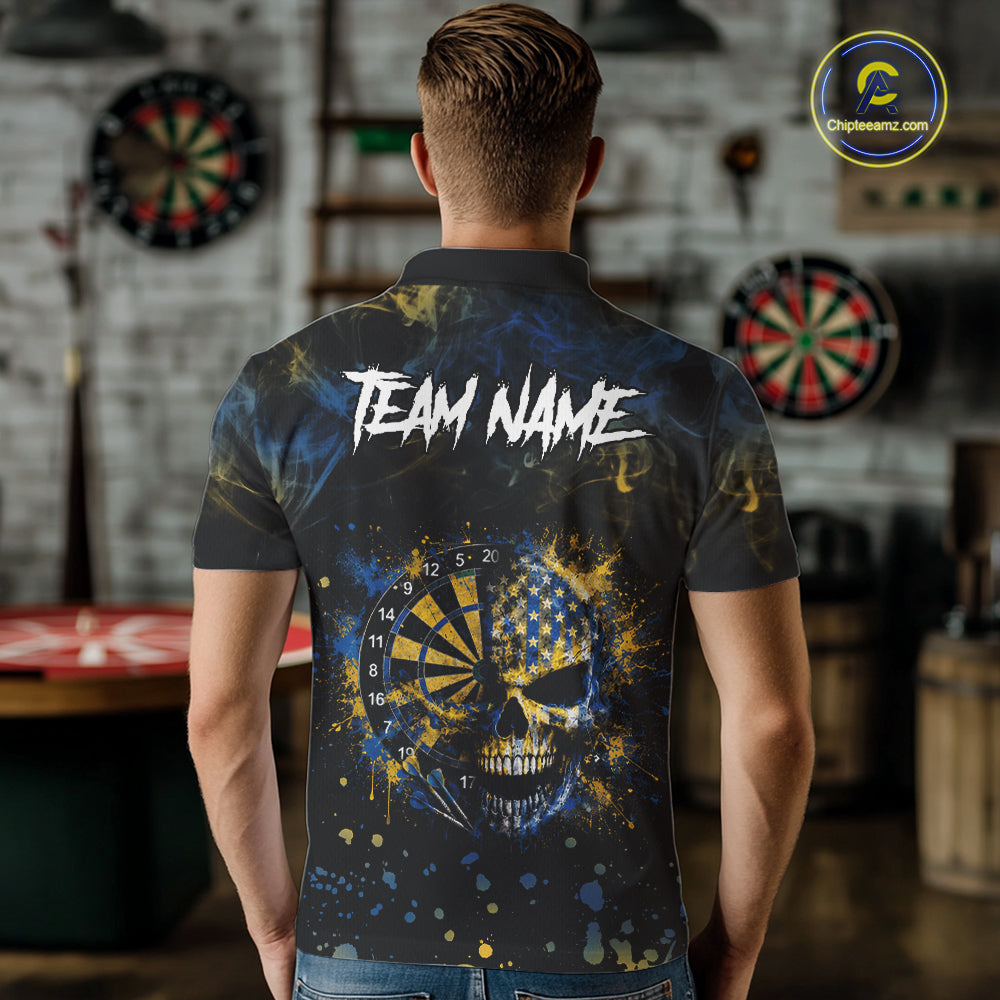 Blue & Yellow Splatter Skull Darts Polo Quarter Zip Shirt For Men Custom Smoke Skull Dart Team Jersey NYN4099