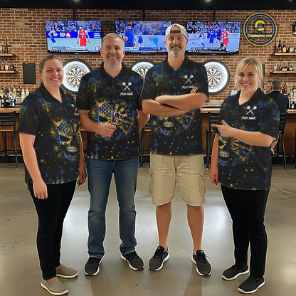 Blue & Yellow Splatter Skull Darts Polo Quarter Zip Shirt For Men Custom Smoke Skull Dart Team Jersey NYN4099