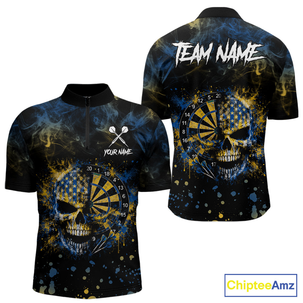 Blue & Yellow Splatter Skull Darts Polo Quarter Zip Shirt For Men Custom Smoke Skull Dart Team Jersey NYN4099