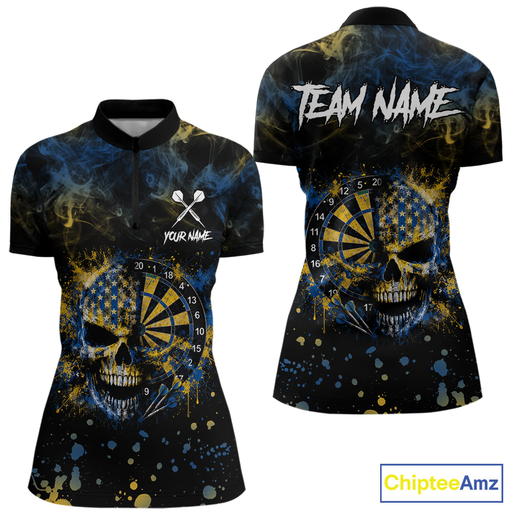 Blue & Yellow Splatter Skull Darts Polo Quarter Zip Shirt For Women Custom Smoke Skull Dart Team Jersey NYN4099