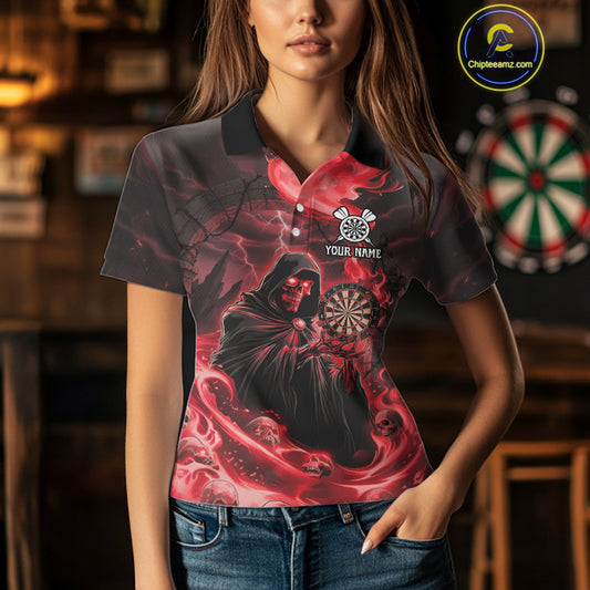 Custom Red Grim Reaper Fire Flames Dart Women Polo Jerseys Outfits Skull Dart Shirt NYN1682