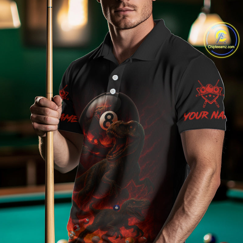 Fire Flame Dinosaur & Pool 8 Ball Men Billiard Team Shirt Custom Billiard Polo & 1/4-Zip Attire NYN2498