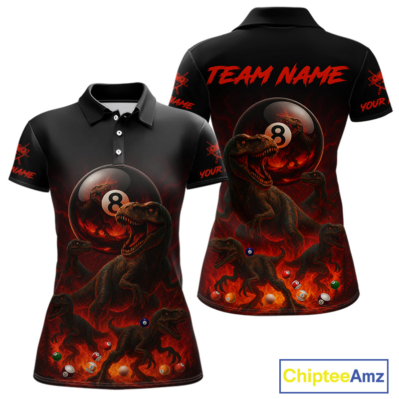 Fire Flame Dinosaur & Pool 8 Ball Women Billiard Team Shirt Custom Billiard Polo & 1/4-Zip Attire NYN2498