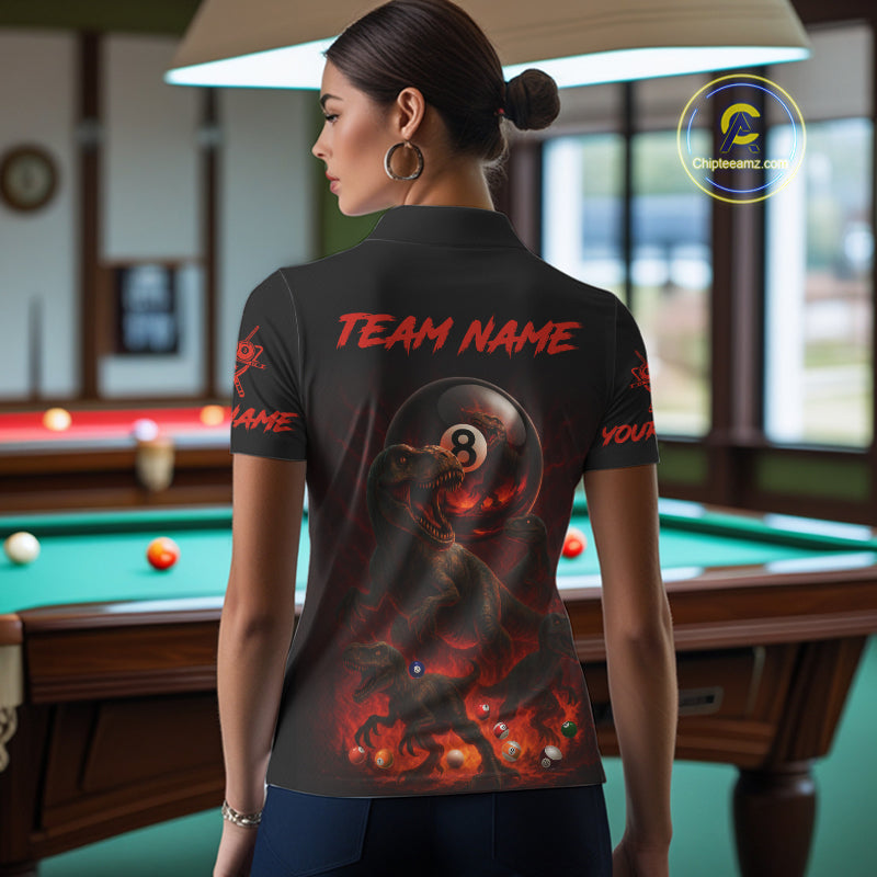 Fire Flame Dinosaur & Pool 8 Ball Women Billiard Team Shirt Custom Billiard Polo & 1/4-Zip Attire NYN2498