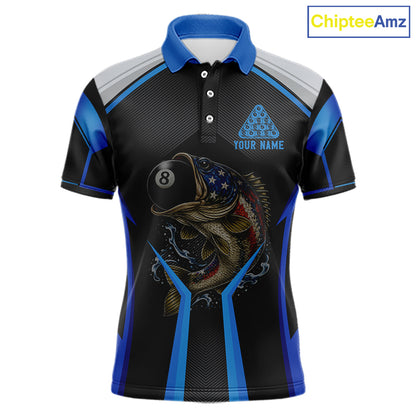 Funny Bass Hold Pool 8 Ball Men's Billiard Team Shirt Custom Billiard Polo & 1/4-Zip Attire|Blue NYN2500