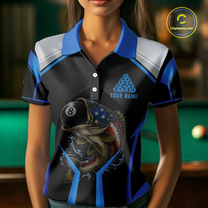 Funny Bass Hold Pool 8 Ball Women's Billiard Team Shirt Custom Billiard Polo & 1/4-Zip Attire|Blue NYN2500