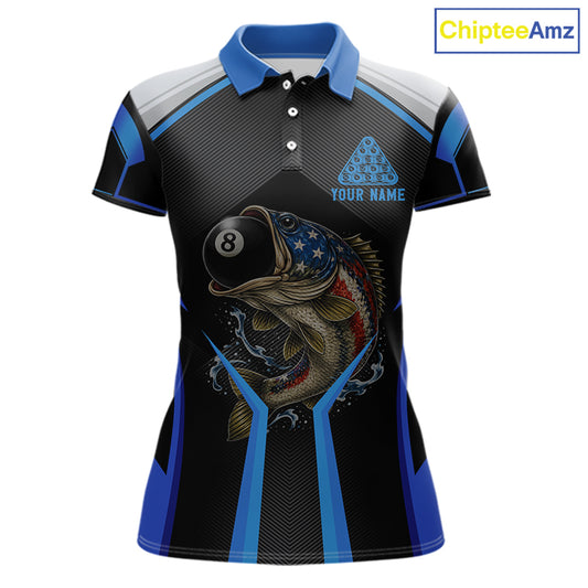 Funny Bass Hold Pool 8 Ball Women's Billiard Team Shirt Custom Billiard Polo & 1/4-Zip Attire|Blue NYN2500