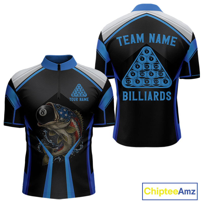 Funny Bass Hold Pool 8 Ball Men's Billiard Team Shirt Custom Billiard Polo & 1/4-Zip Attire|Blue NYN2500