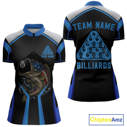 Funny Bass Hold Pool 8 Ball Women's Billiard Team Shirt Custom Billiard Polo & 1/4-Zip Attire|Blue NYN2500