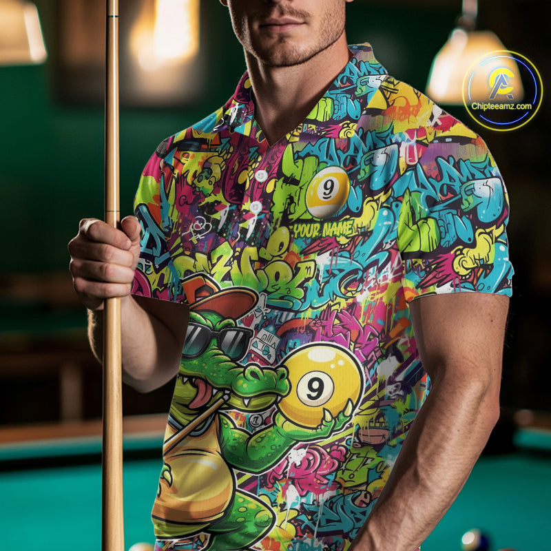 Graffiti Funny Crocodile Pool 8 Ball Men Billiard Team Shirt Custom Billiard Balls Attire NYN2501